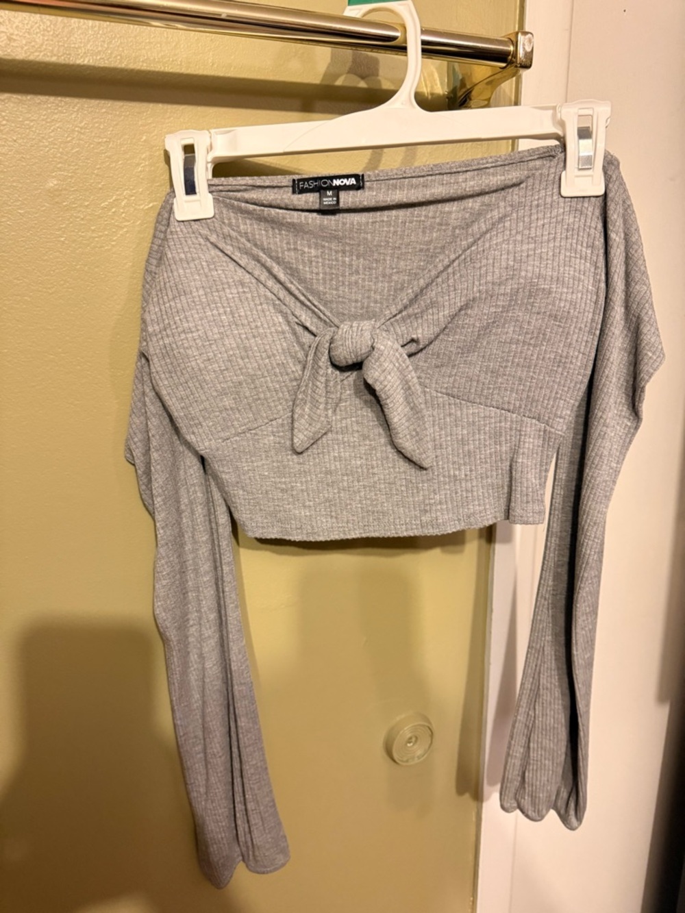 Fashion Nova Light Grey Ribbed Tie-Front Crop Top
